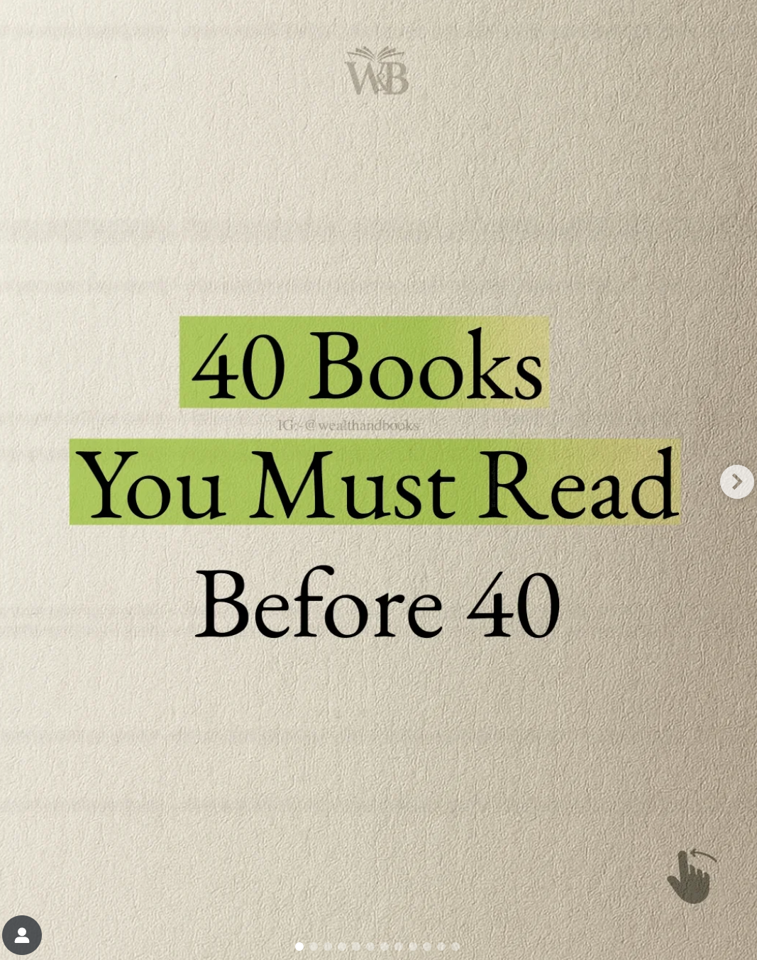 Minimal beige carousel first slide with green highlighted text “40 Books You Must Read Before 40” – classic high-performing list hook 
