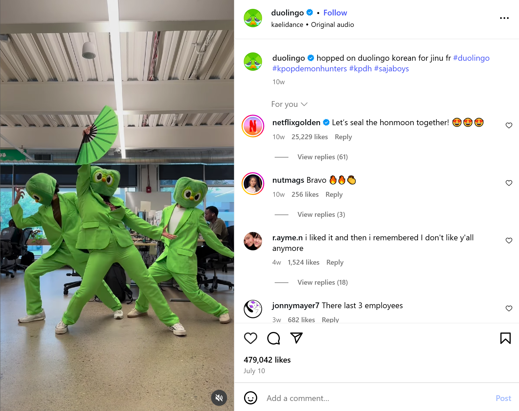Duolingo Reel with costumed dancers; Netflix Gold's high-liked comment showcases a strategic instagram comment strategy.