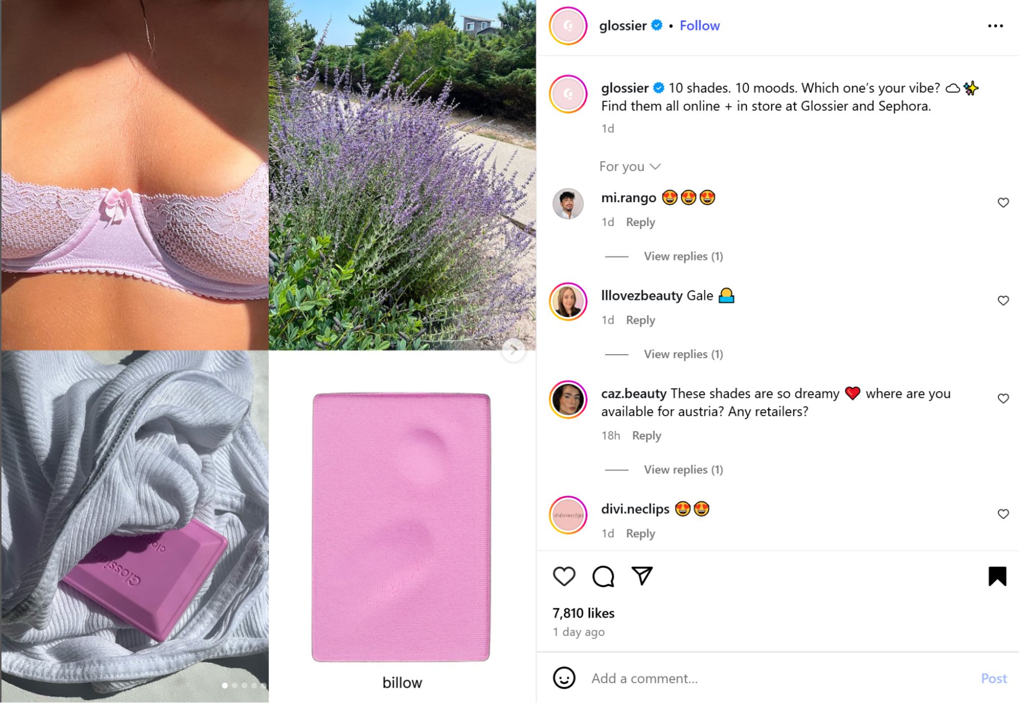 Glossier Instagram carousel post featuring a collage of a lavender bra, a flowering bush, and pink makeup products, with the question: "10 shades, 10 moods. Which one’s your vibe?" This promotes community input and is a strong Instagram comment strategy.