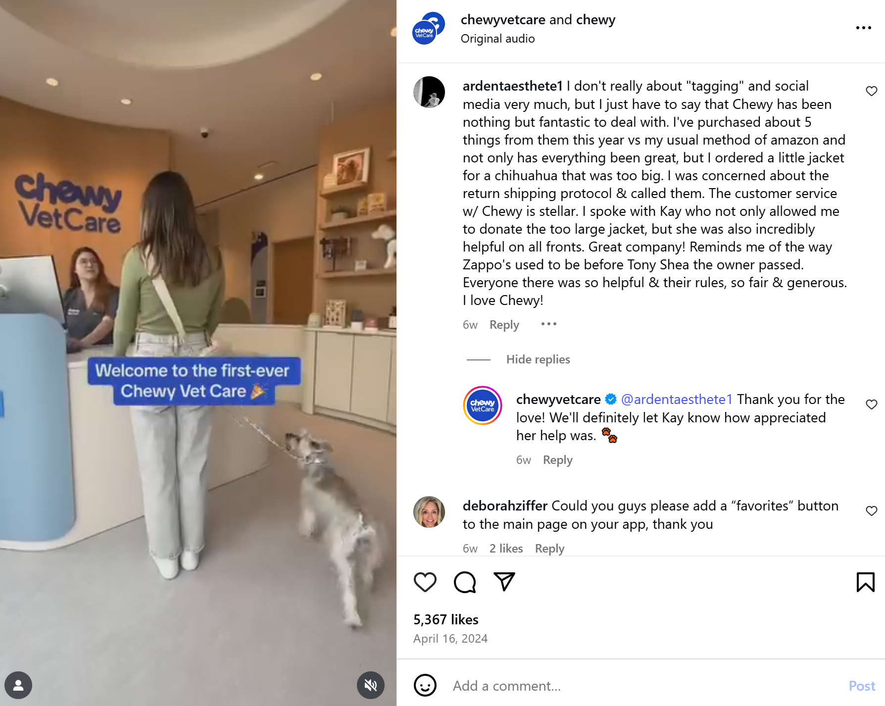 Video screenshot of a woman and her dog entering a Chewy VetCare location. The post shows a long customer comment praising Chewy's service, and Chewy's quick, personal reply, demonstrating an excellent Instagram comment strategy.