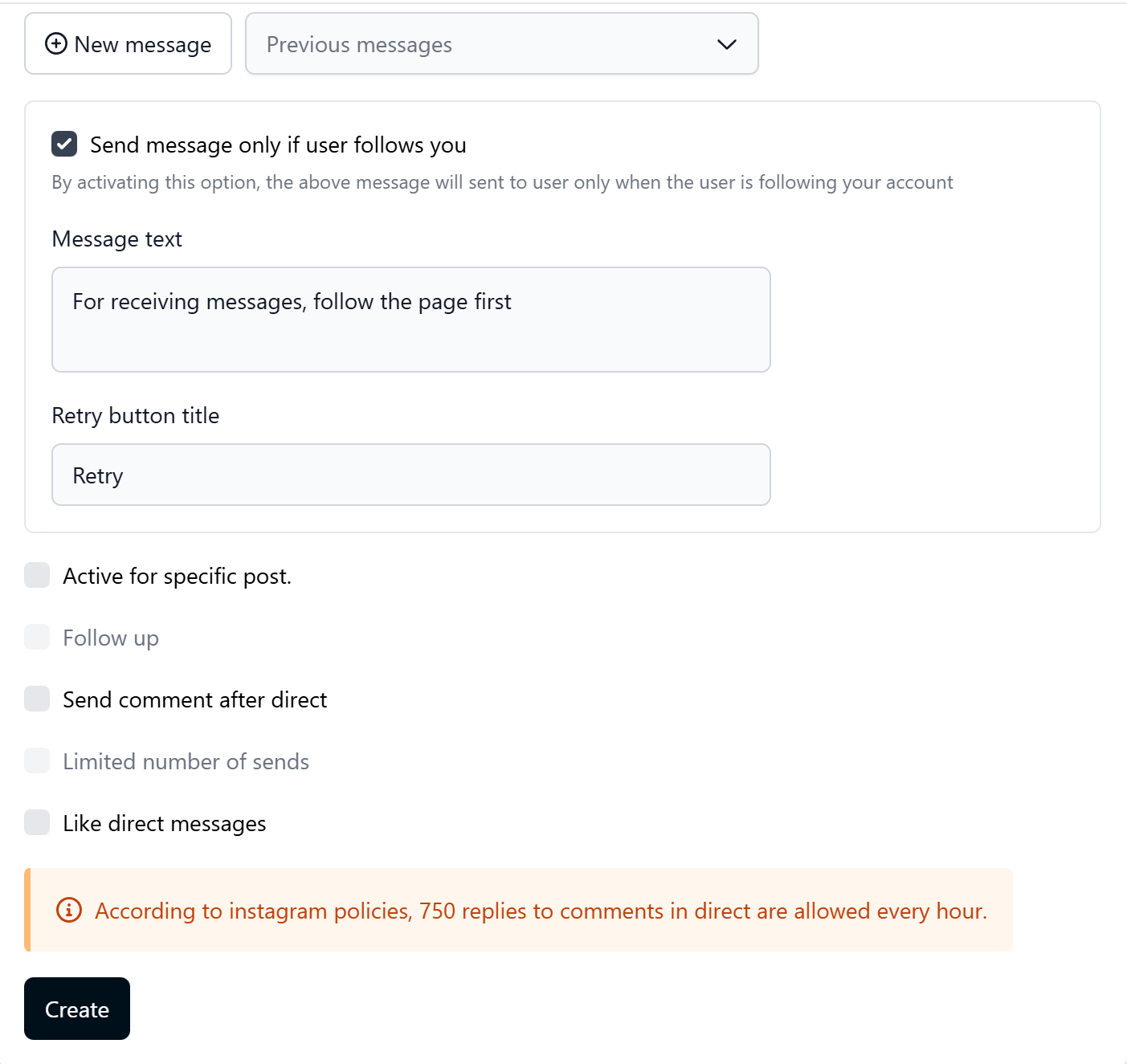 Resont dashboard direct condition for instagram live