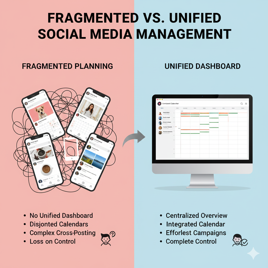 Infographic comparing fragmented Instagram management to a unified content planner dashboard
