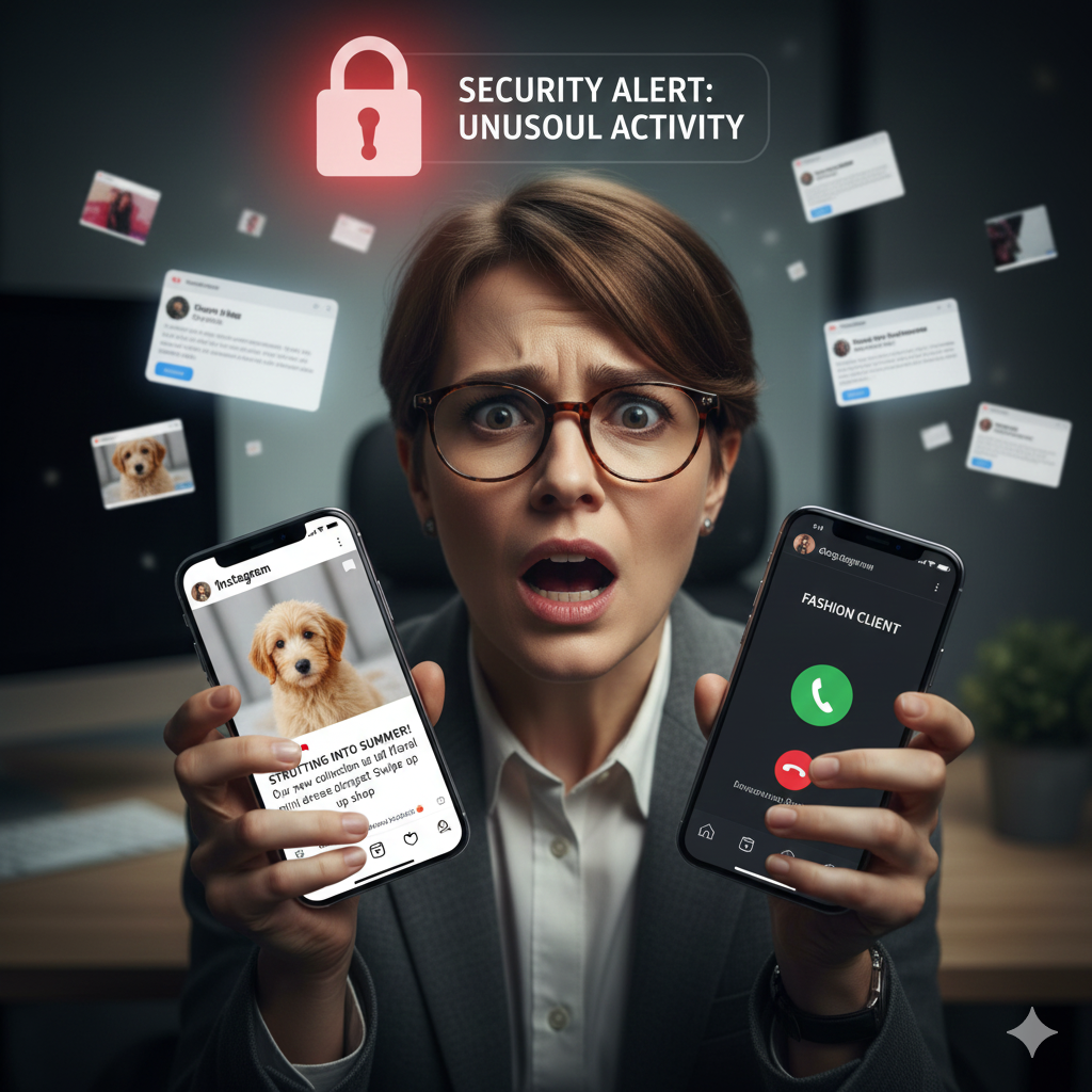 Stressed social media manager mixing up fashion and pet shop posts on multiple phones