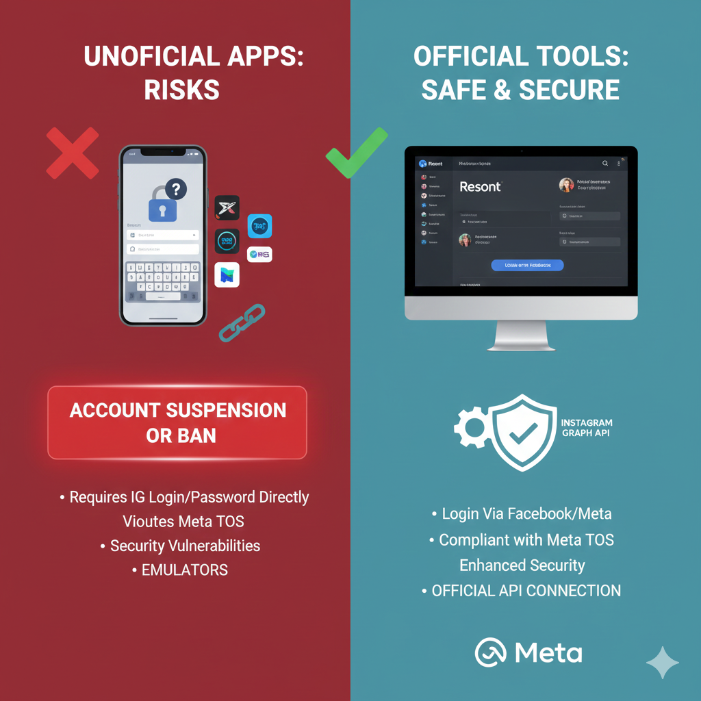 Illustration comparing an insecure login through a third-party emulator vs. a secure connection via the official Instagram Graph API
