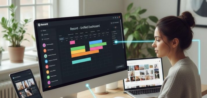 A digital marketer managing multiple laptops and phones, transitioning to a unified Resont dashboard for Instagram scheduling