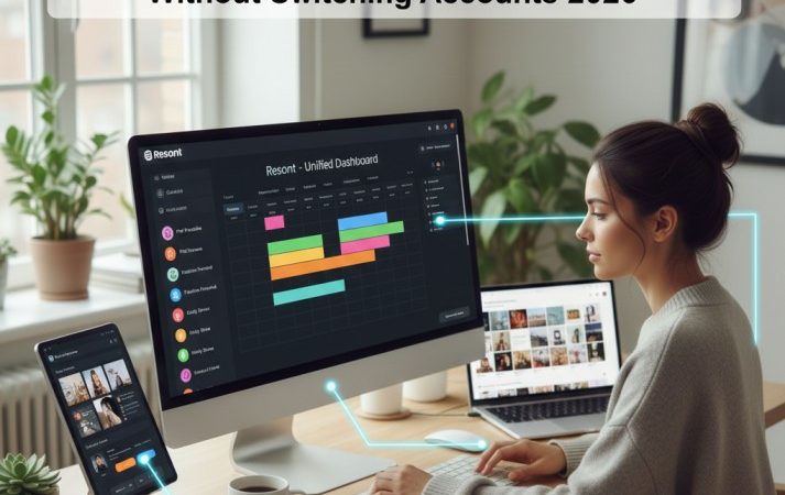 A digital marketer managing multiple laptops and phones, transitioning to a unified Resont dashboard for Instagram scheduling