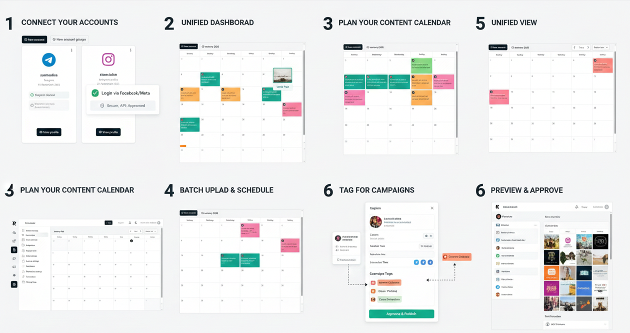Infographic showing 6 steps to manage Instagram: Connect, Dashboard, Calendar, Batch Schedule, Tagging, and Preview
