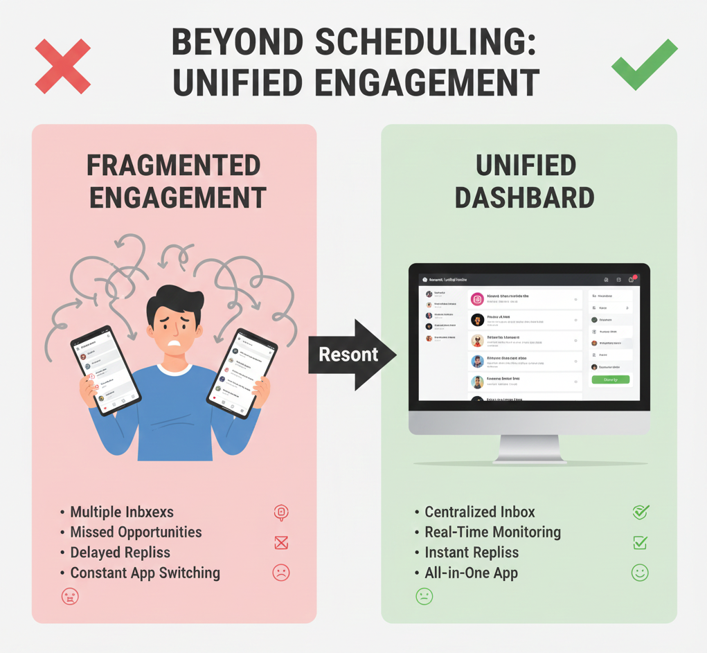 A unified social media inbox showing DMs, comments, and mentions from multiple Instagram accounts in one view