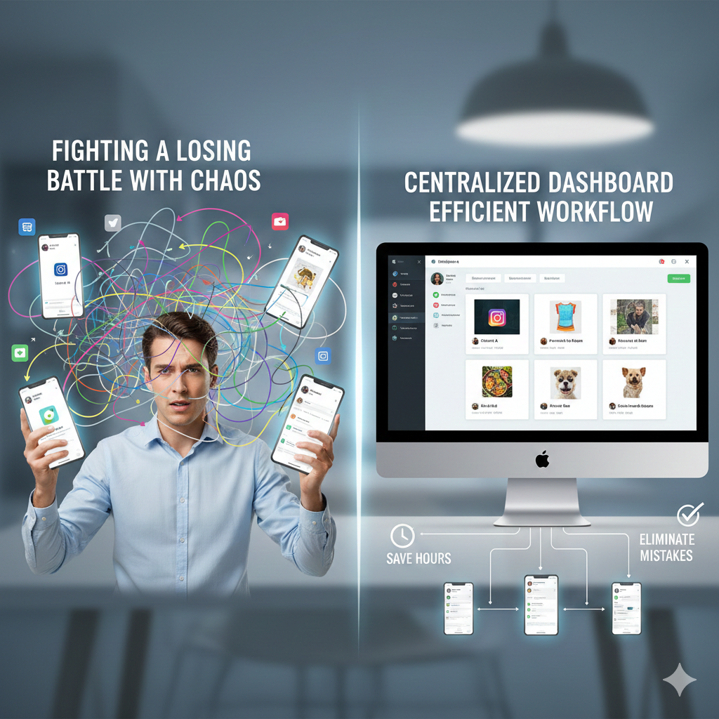 Comparison of chaotic manual Instagram management versus an organized central dashboard